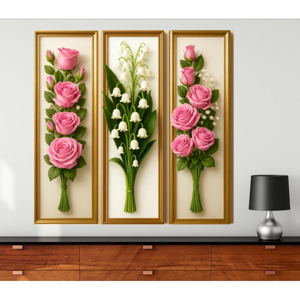 3 Pcs Hiasan dinding estetik 3D gambar bunga mawar pink