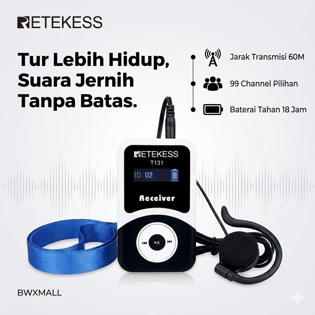 Receiver Tour Guide RETEKESS T131 Wireless Alat Bantu Dengar Travel Penerjemah Bahasa 99 Channel PLL