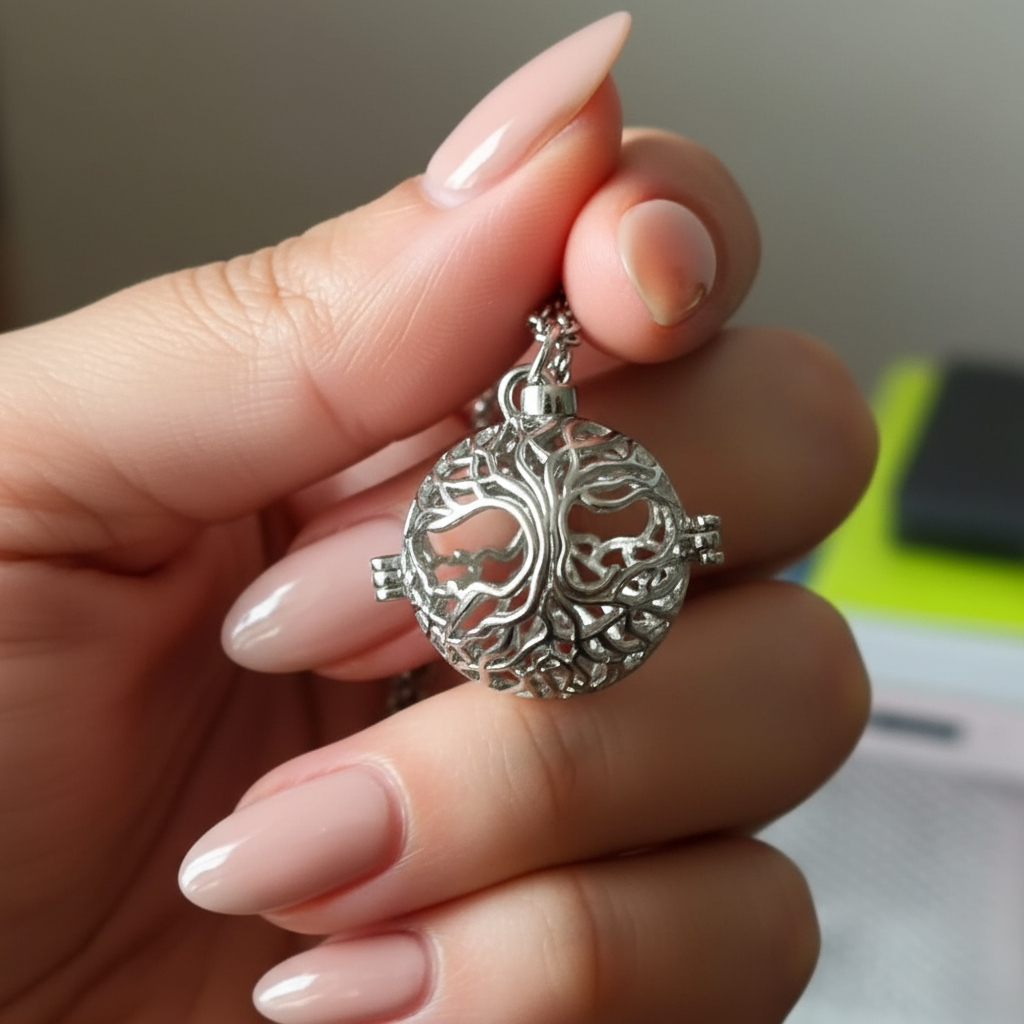 Kalung Diffuser Aromatherapy Premium - Tree of Life Locket Pendant - Perhiasan Silver Elegant untuk 