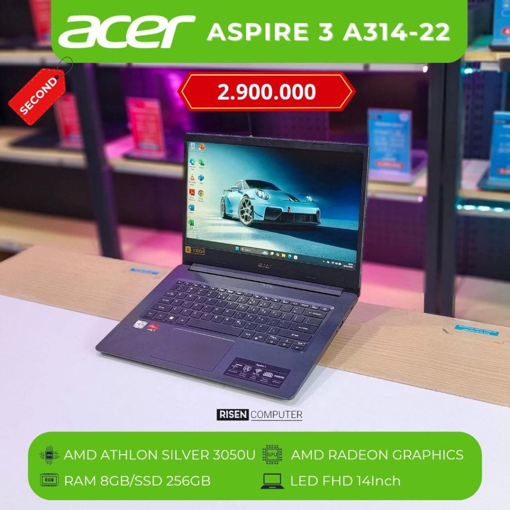 ACER ASPIRE 3 A314-22-R430 AMD ATHLON SILVER 3050U RAM 8GB SSD 256GB FHD 14inch Notebook Second Beka
