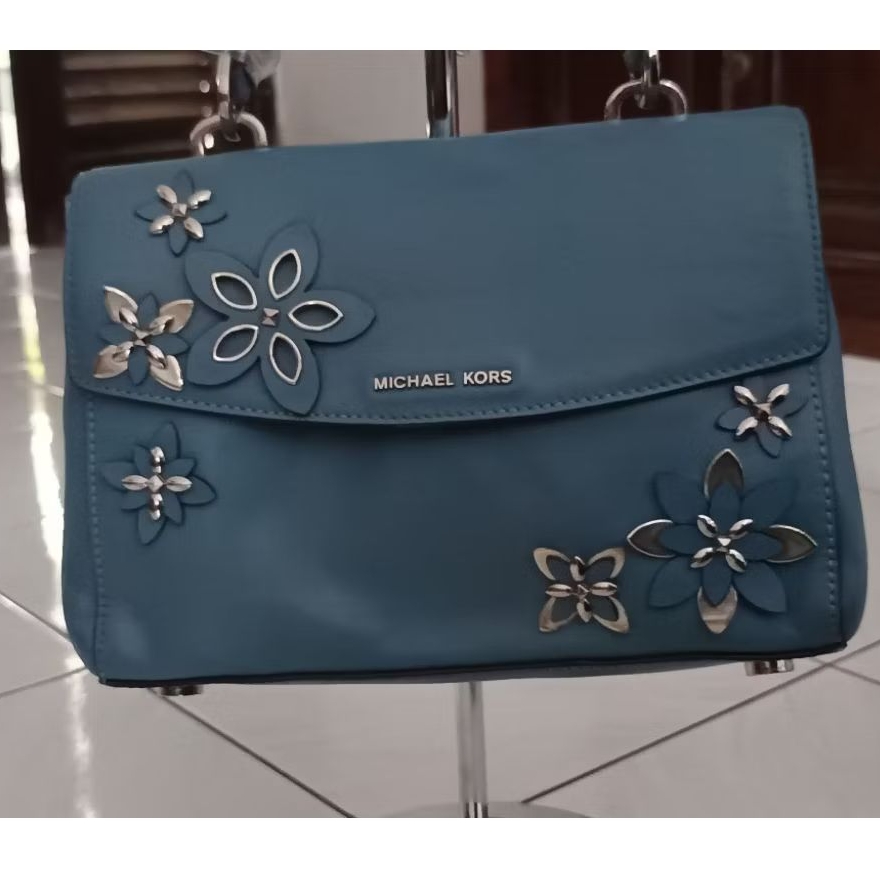 Tas Michael Kors Ava Flowers small Blue denim Bag Biru
