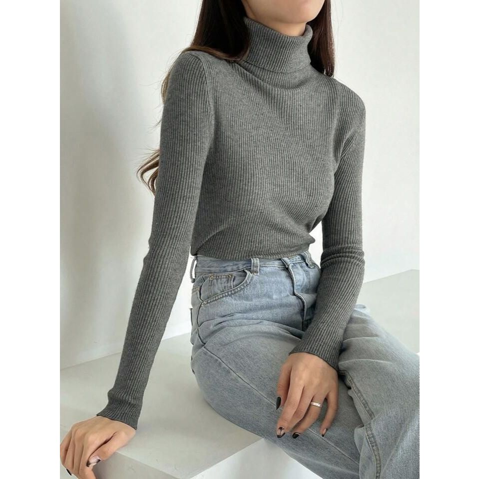 Kaos Rib Kerah Tinggi Turtleneck Wanita dan Pria Bahan Rajut Sweater Rajut Leher Tinggi Reguler Size