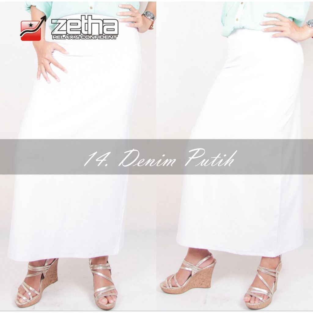 Rok Zetha Panjang Wanita Warna Denim Putih | Rok Kerja Kantor | Rok Denim | Rok Model A - Line | Rok