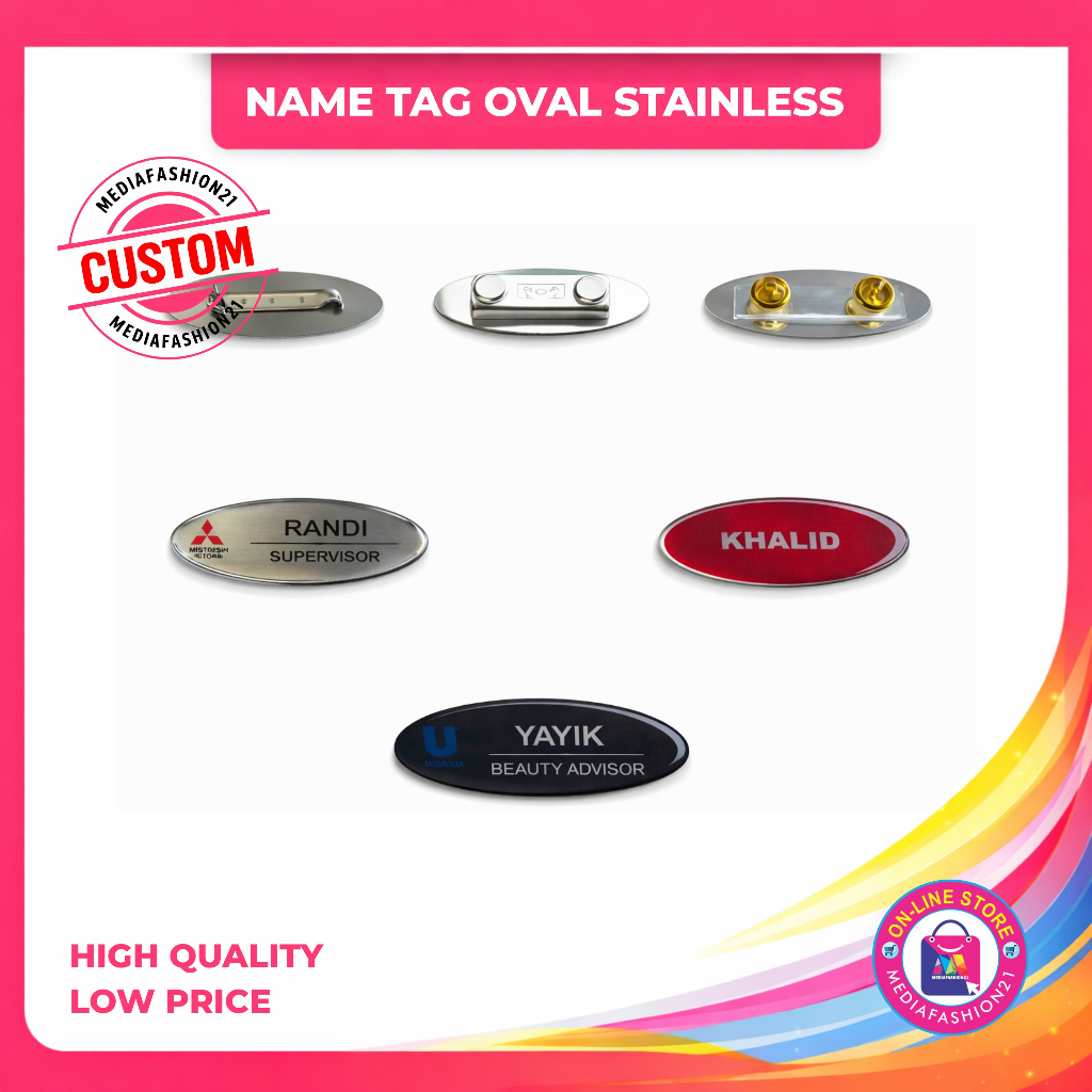 Name Tag / Papan Nama Stainles Oval Peniti - Paku - Magnet (Custom Satuan)