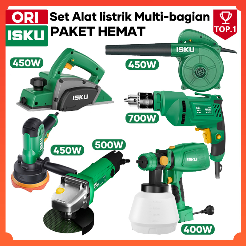 ISKU Paket Combo Mesin Bor Listrik 10mm Gerinda Tangan 4 Inch Serut Kayu Planer Semprot Spray Gun Ca