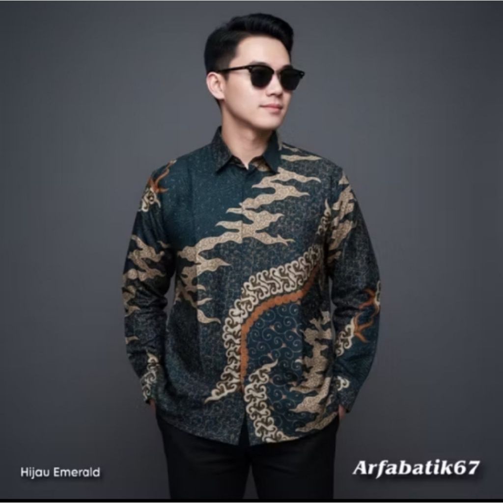 CAKRA hijau emerald KEMEJA BATIK PRIA  KATUN PREMIUM PRINT MANUAL HAND MADE LAPIS FURING KATUN HERRO