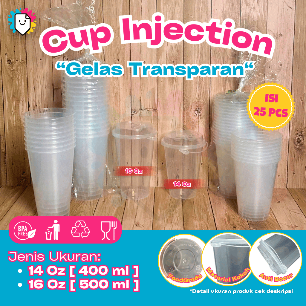 [Paket Hemat Isi 25 PCS] Cup Injection 14oz 16oz +Tutup / Gelas Injection 14oz / Gelas Cup Injection