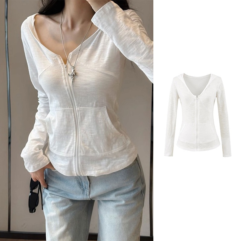 Hoodie Zipper V-neck putih/Kaos Kardigan Lengan Panjang Polos/Atasan Pelindung Matahari Tipis