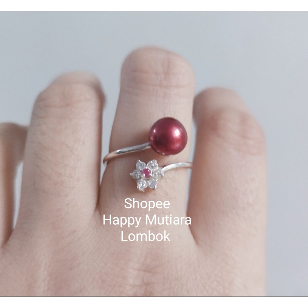 Cincin Perak 925 Permata Merah Mutiara Kecil | Mutiara Lombok | Mutiara Air Tawar