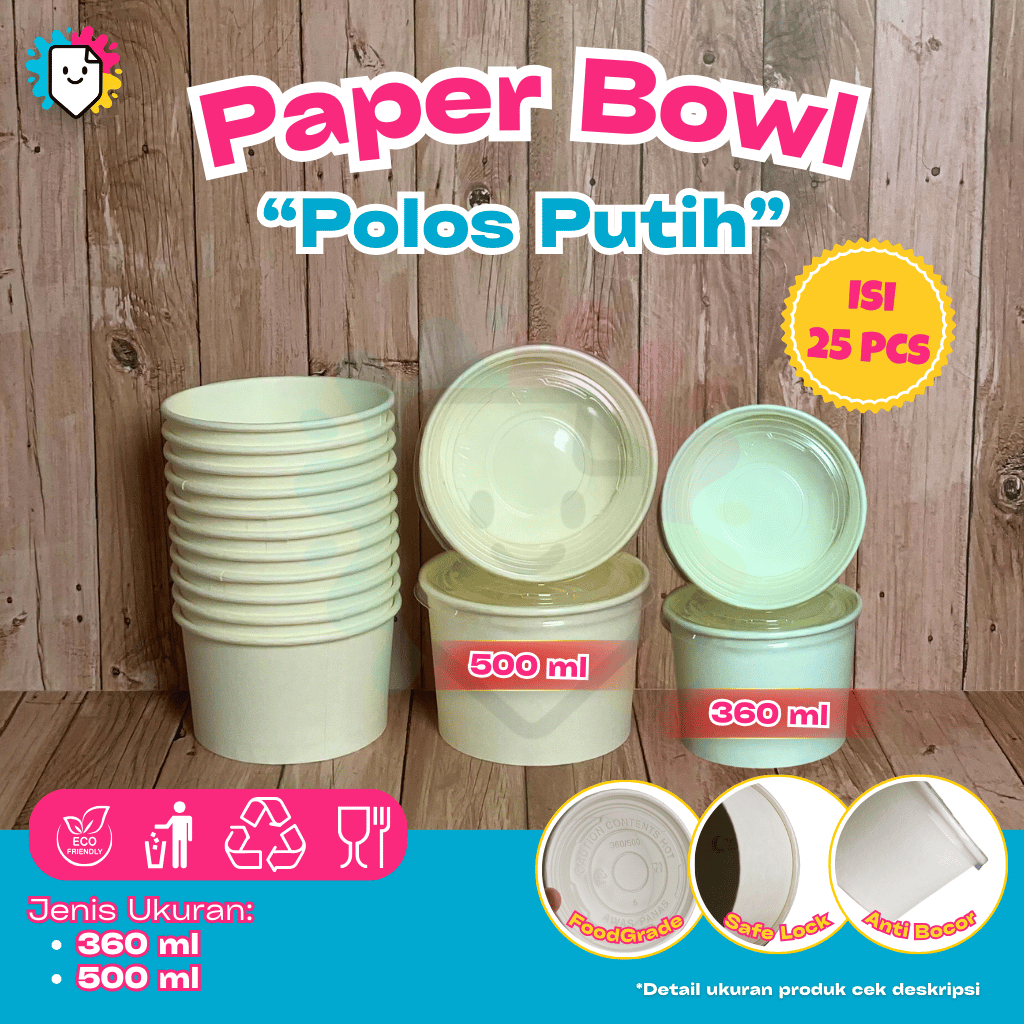 [Isi 25pcs] Paper bowl + Tutup 360ml 500ml / Paper Bowl 12oz / Paper Cup / Polos Putih 17oz / Paper 