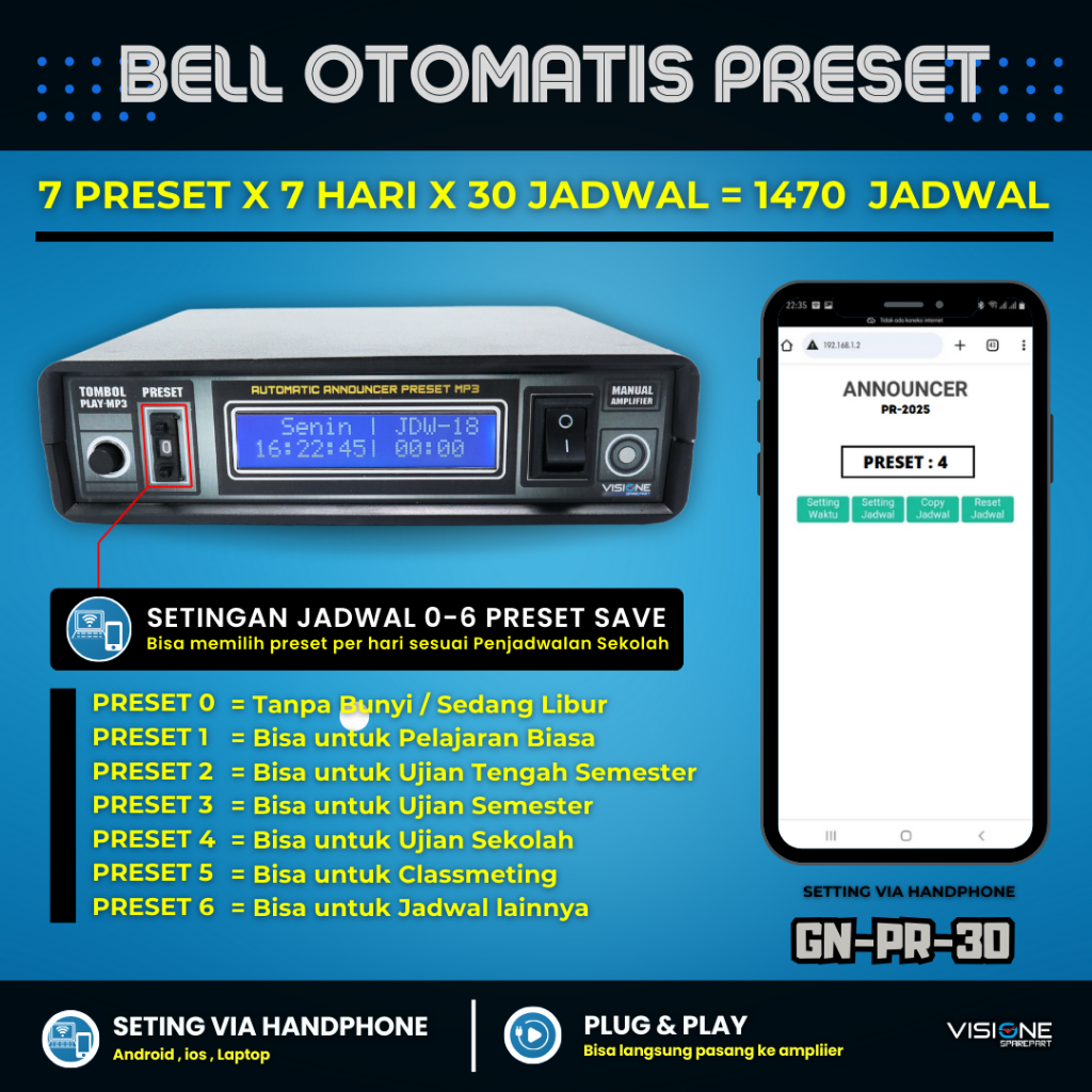 Bel Sekolah Otomatis Bel Pabrik Bel Kantor Pabrik Suara Baru Timer Audio MP3 Pengumuman Otomatis PRO
