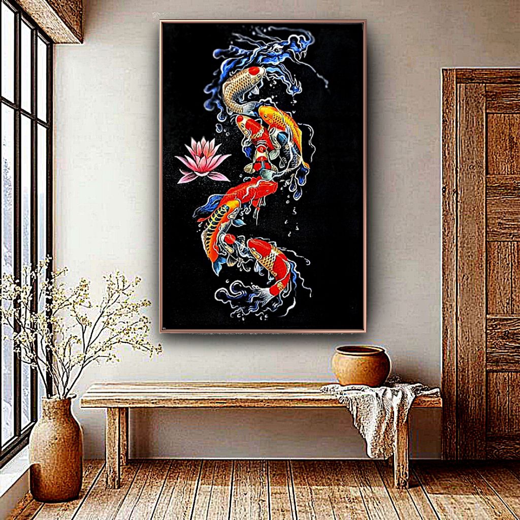 Lukisan Dinding Ikan Koi Fengshui - Motif Air Naga Handmade