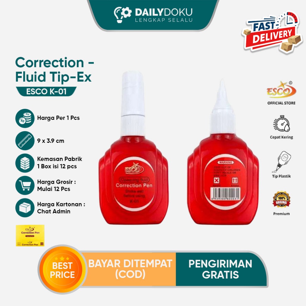 Tip Ex Cair ESCO K-01 Penghapus Tinta Cepat Kering | Per PCS | Grosir Lebih Murah