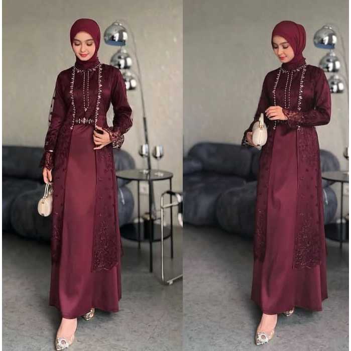 Gamis Wanita Kinan Dress Muslimah Satin Velvet Mix Brokat Nyaman Model Kekinian