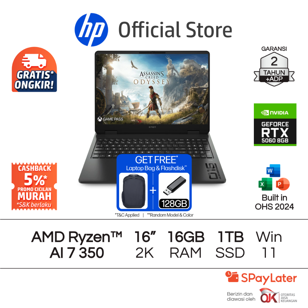 OMEN Laptop Gaming HP AMD Ryzen AI 7 NVIDIA GeForce RTX 5060 16GB RAM 1TB SSD Shadow Black Free Wind