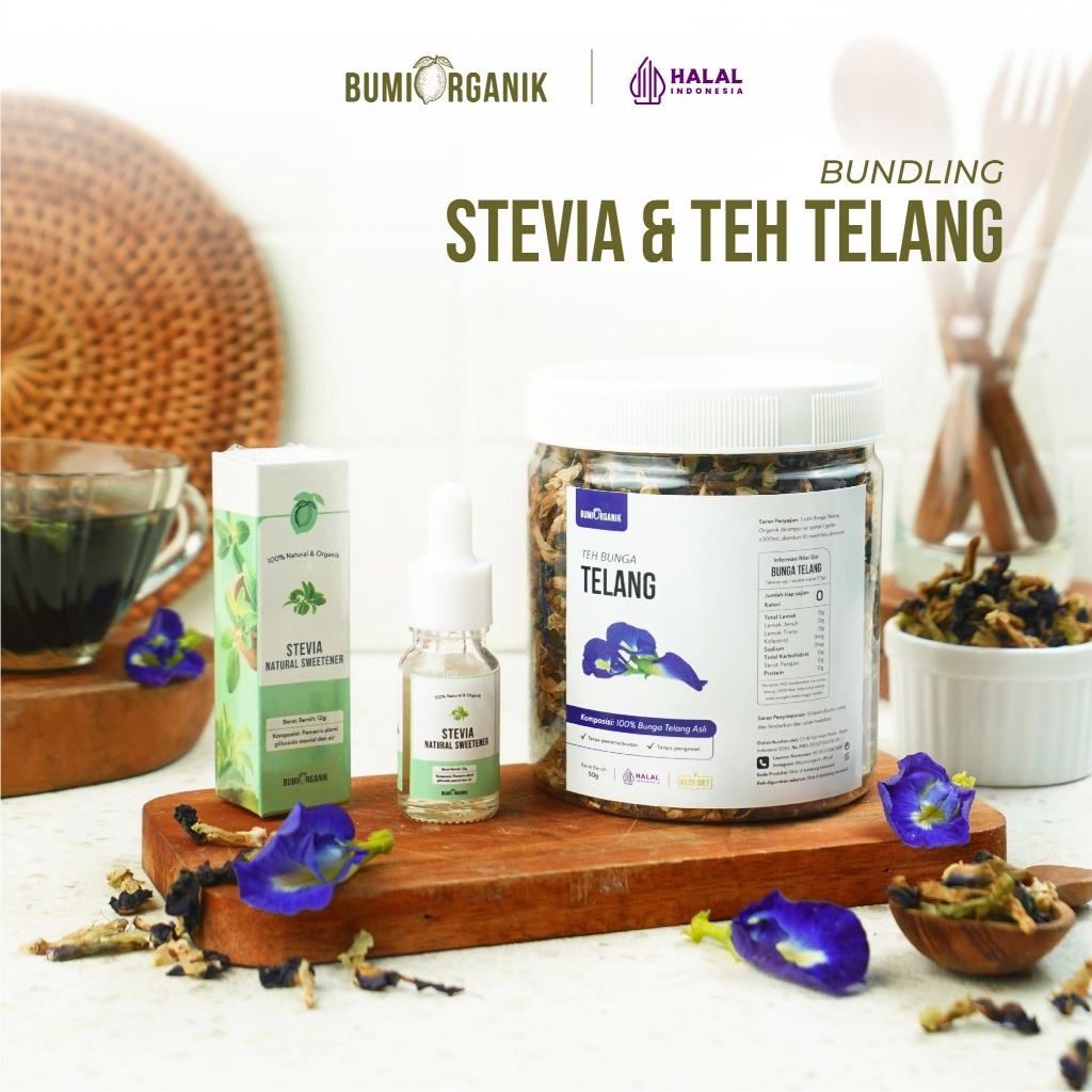 2IN1 STEVIA + TEH BUNGA TELANG - BUMI ORGANIK / STEVIA PENGGANTI GULA / TEH KERING BUNGA TELANG / TE