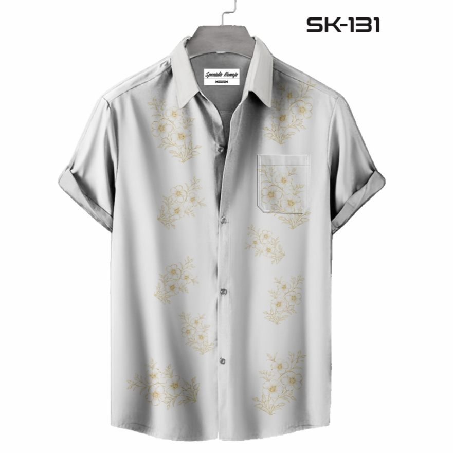 Kemeja Casual Santai Pria Wanita Putih Motif Floral Tangan Panjang Pendek SK-131