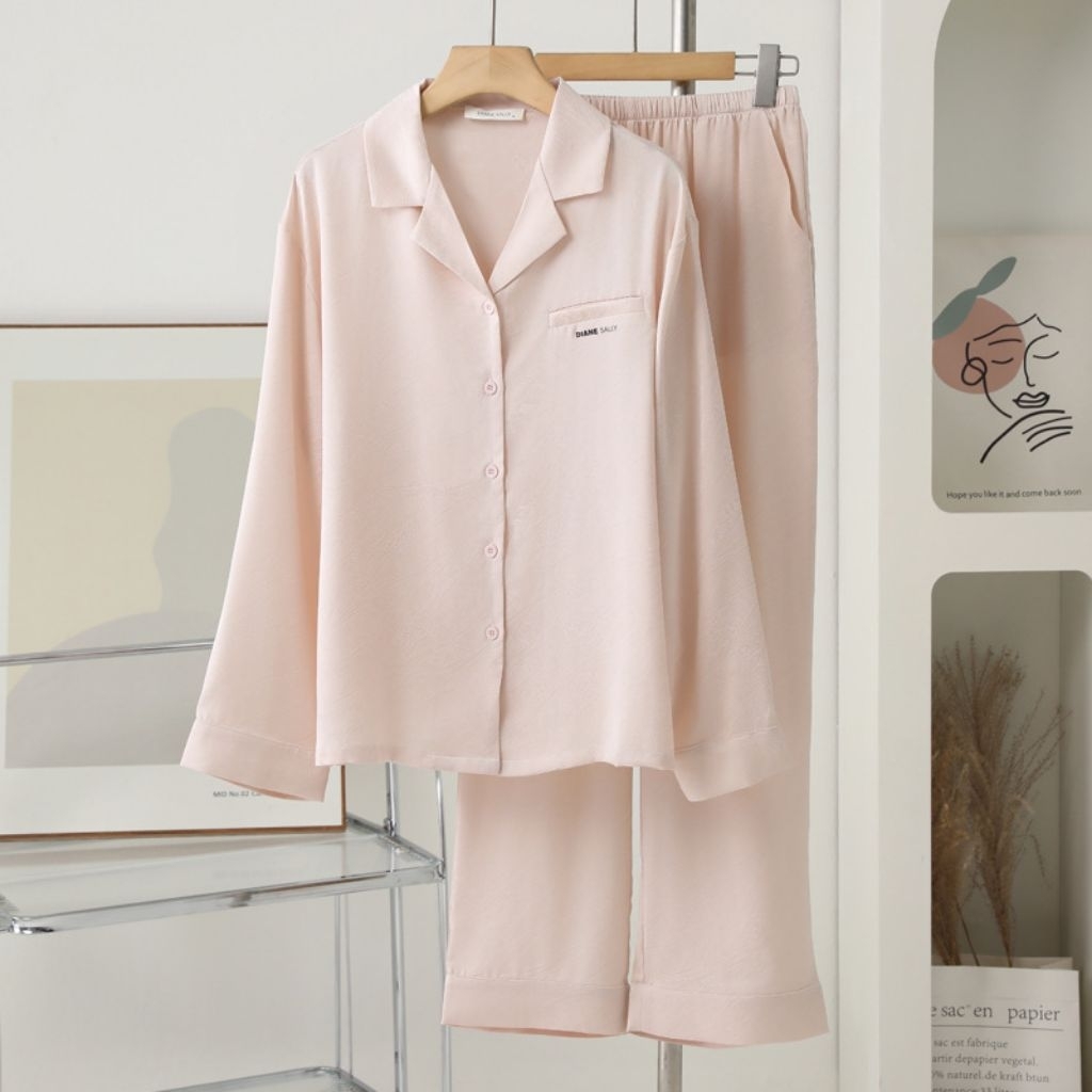 setelan baju tidur pp diane sally polos pink satin import