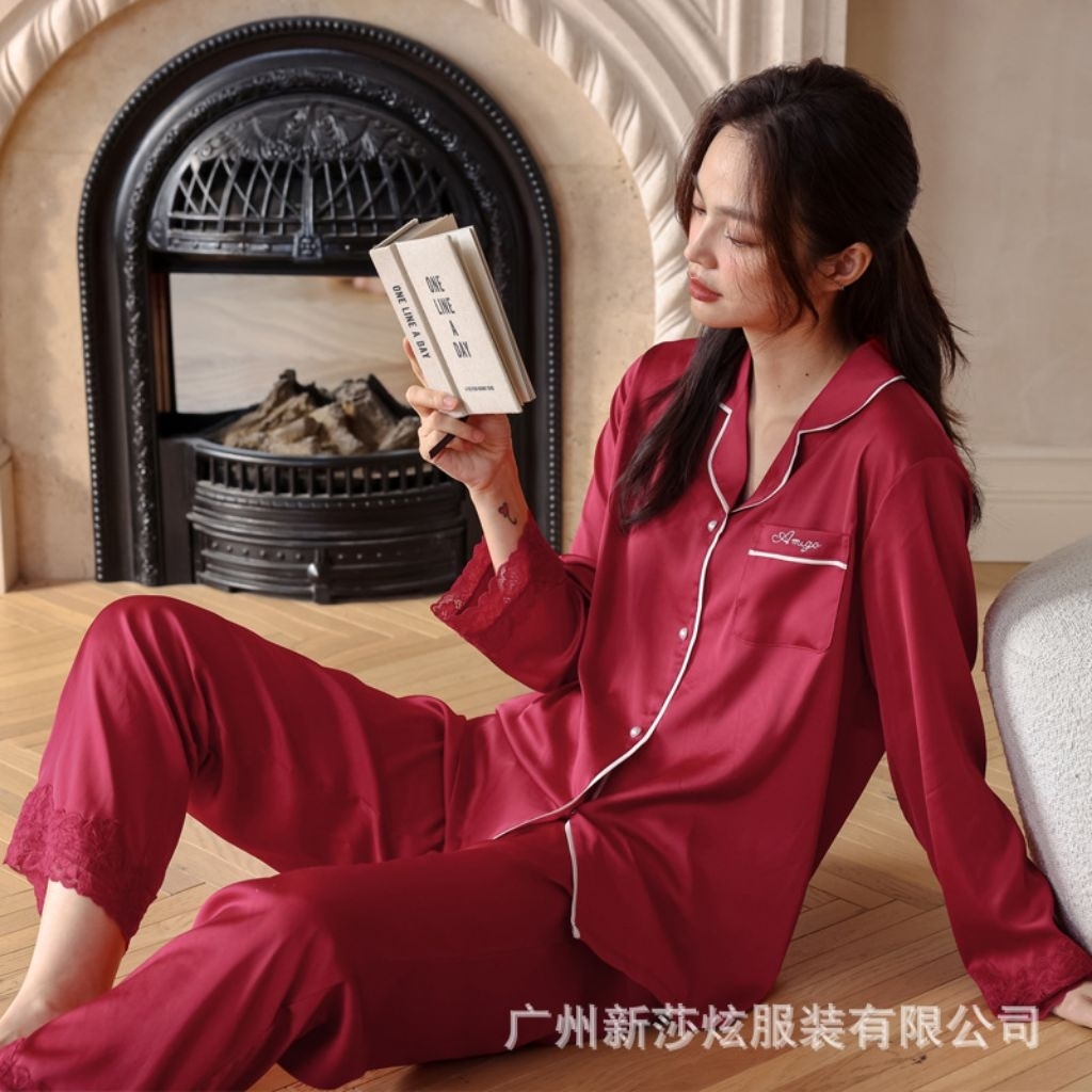 setelan baju tidur pp diane sally merah polos renda satin import