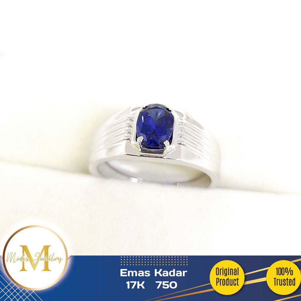 MODIS JEWELLERY - Cincin Pria Royal Blue Oval Putih - Emas 17k 750