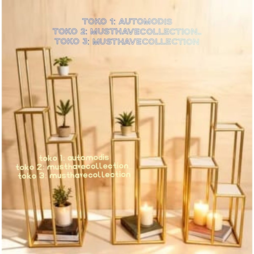 RAK BERTINGKAT MEJA PAJANGAN BUNGA SEPATU TAS SANDAL ETALASE JUALAN MEWAH EMAS BAZAR TENGAH PREMIUM 