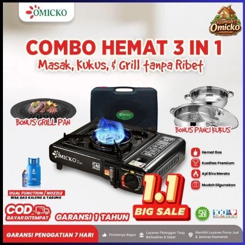 Kompor Gas Portable 3in1 OMICKO + Grill Pan & Kukusan | Kompor Camping | Kompor Gas | Hemat Gas