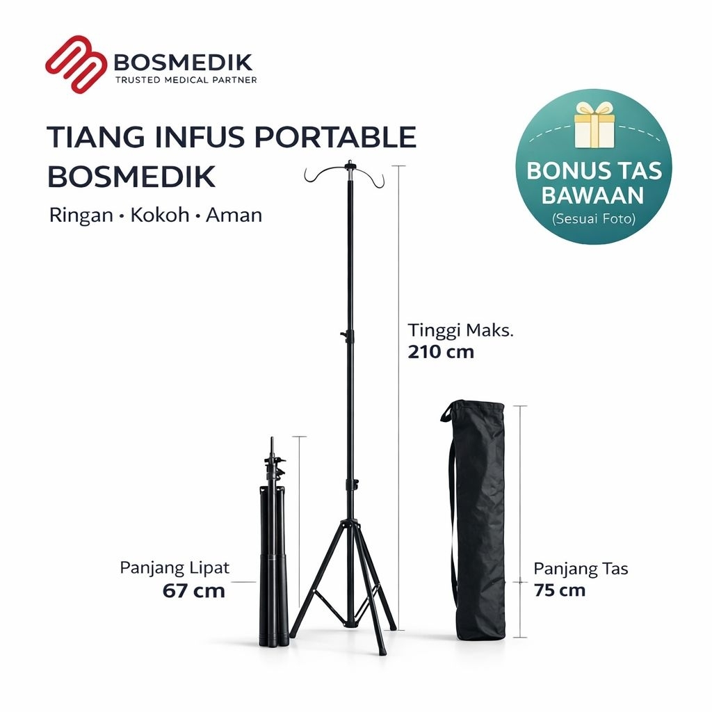 Tiang Infus BOSMEDIK Portable Bisa Dilipat Masuk Tas | Tinggi 210cm | Hanger Stainless Premium