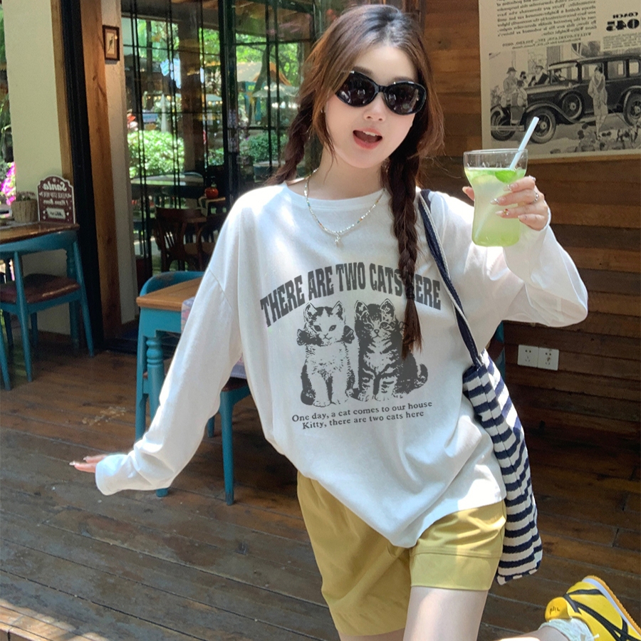 YIKOO -  Oversize T Shirt Lengan Panjang Kaos Dua Kucing Duduk Dengan Pola Baju Wanita
