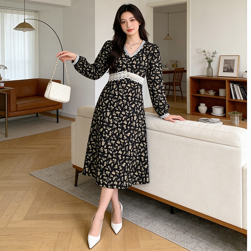 yikoo-Dress midi korea gaun bermotif bunga sifon wanita dres renda tambal sulam