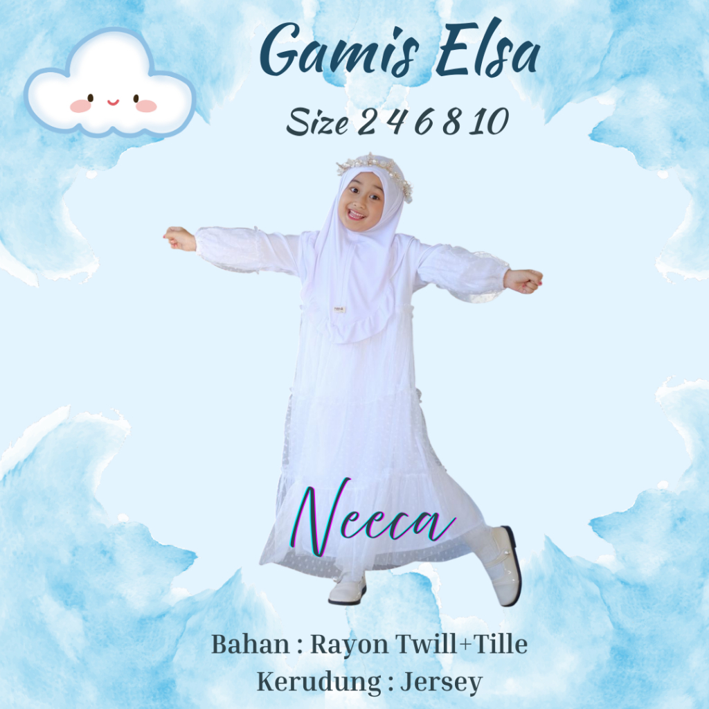 Gamis Elsa Set Kerudung Warna Putih Gamis Anak Elsa Bahan Rayon Twill Tile Dot Neeca Size 2 4 6 8 10