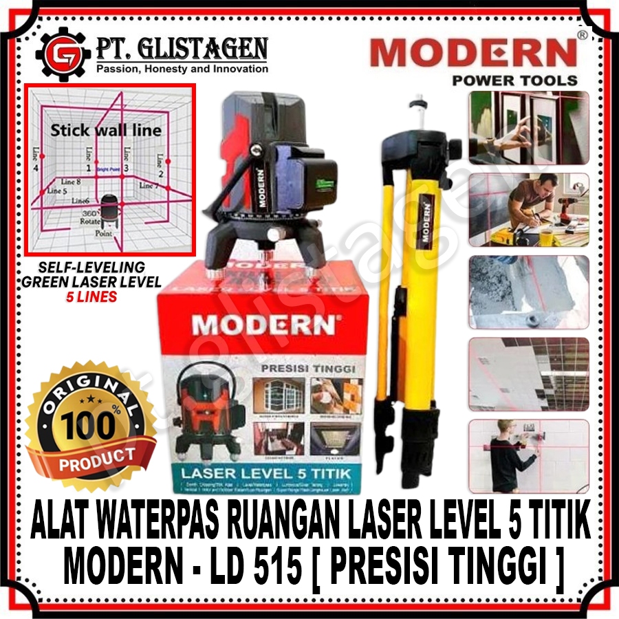 MODERN LD-515 Waterpass Laser Line Level 5 Titik CORDLESS Waterpas Garis Laser BATERAI 5 Titik Water
