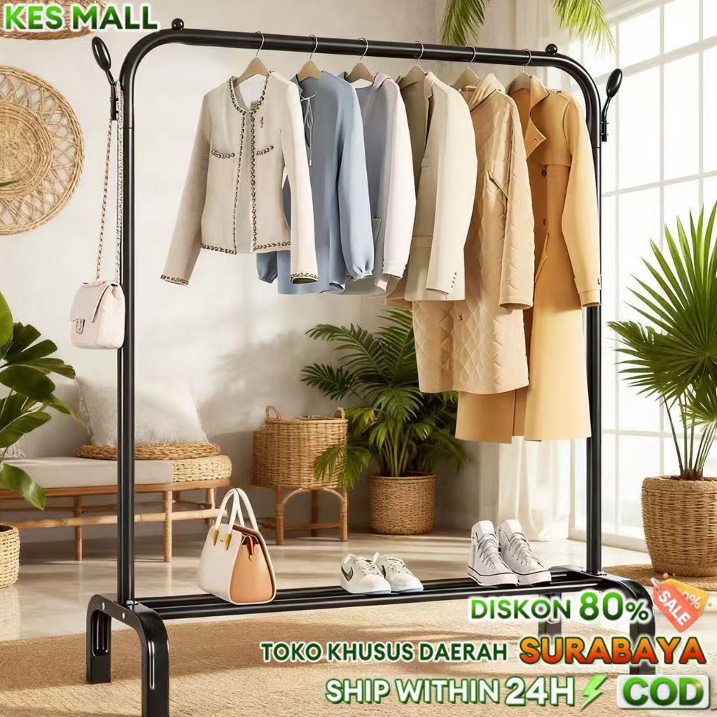 Rak Gantungan Baju Berdiri Besi Gantungan Daun Kokoh Hitam Putih COD Ready Surabaya