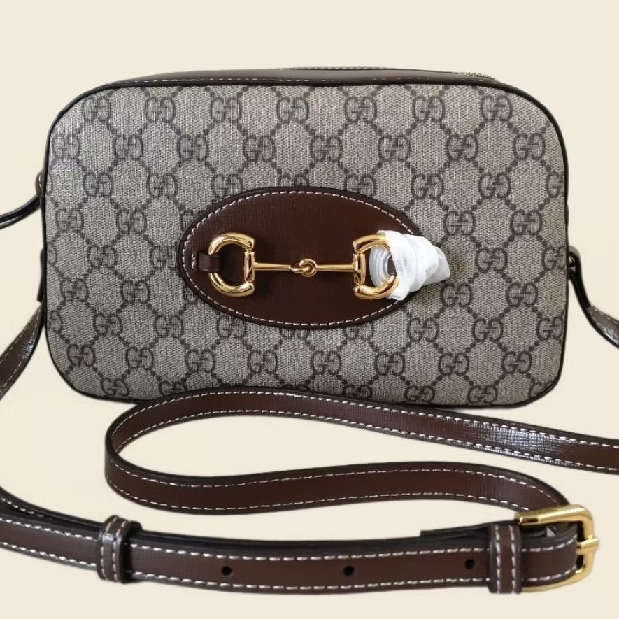 GUCCI Horsebit 1955 Small Beige And Ebony GG Canvas Shoulder Bag New