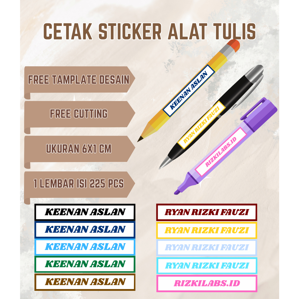Custom Sticker Nama Pensil Pulpen Alat Tulis Sekolah Anak Ukuran 6x1cm (ISI 225)