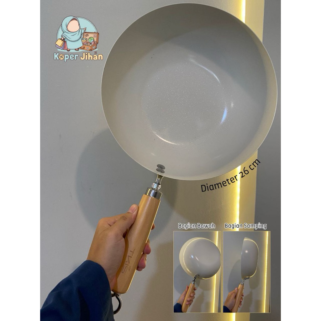 TKIS Teflon putih cramic gagang kayu batu medis asli