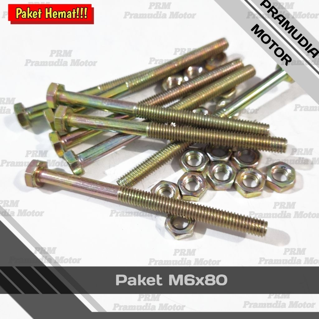 PAKET HEMAT BAUT 10 KUNING PANJANG 8CM M6X80 PLUS MUR