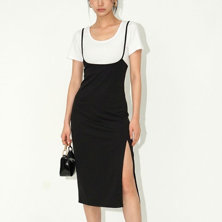 99kOUTLET One Set Atasan Cropped U Neck Lengan Pendek + Bodycon Midi Dress Spaghetti Strap With Side