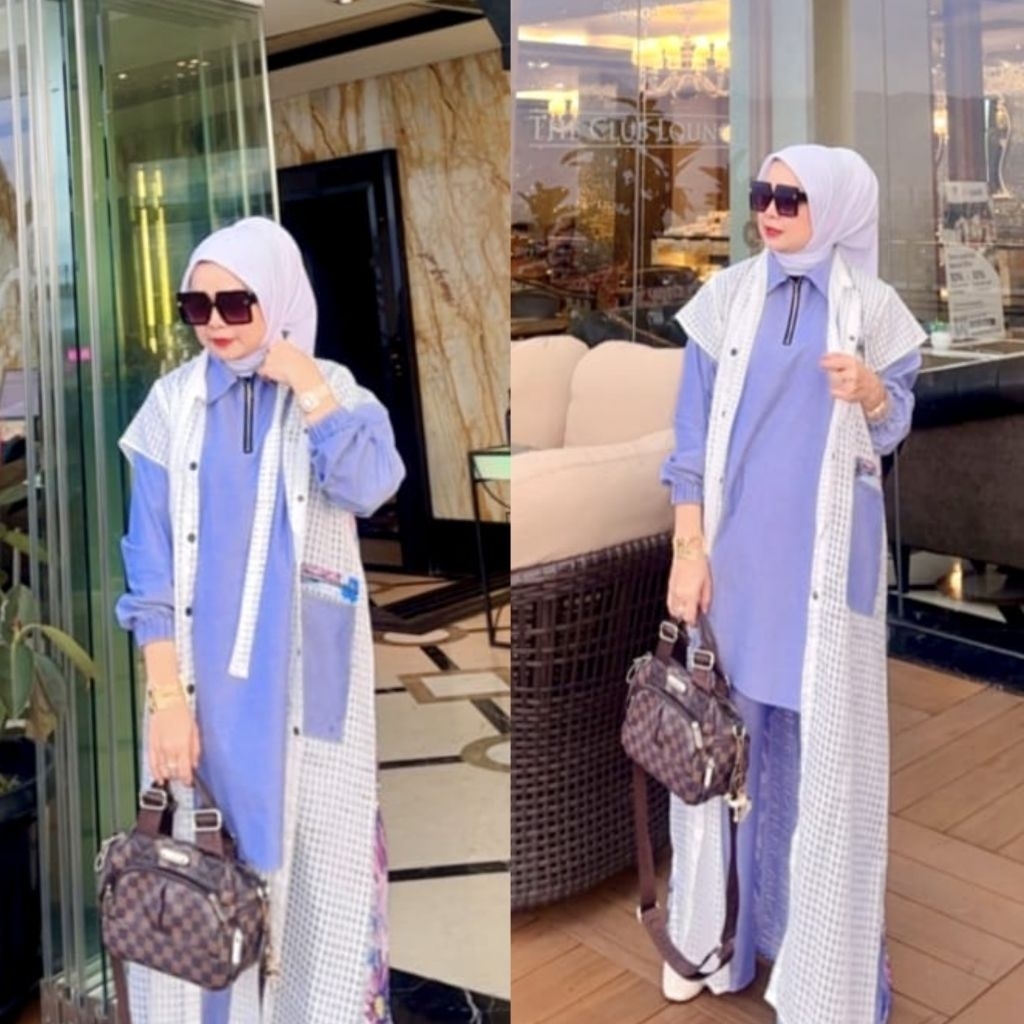 Calistha - Azzura Set Celana 3in1 Organza mewah // Oneset Denim organza Muslim Lebaran2026