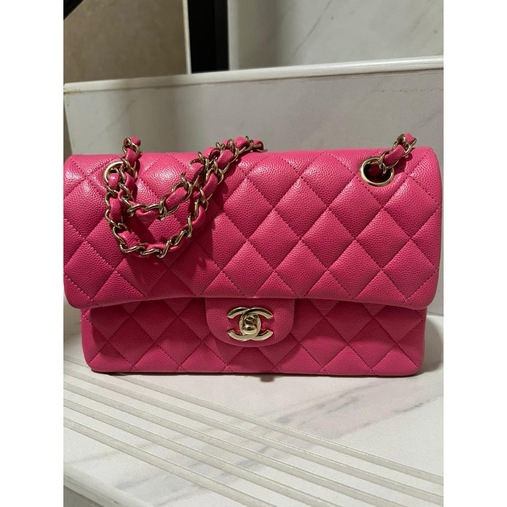 Tas shoulder wanita original chanel classic authentic original pink size 22cm