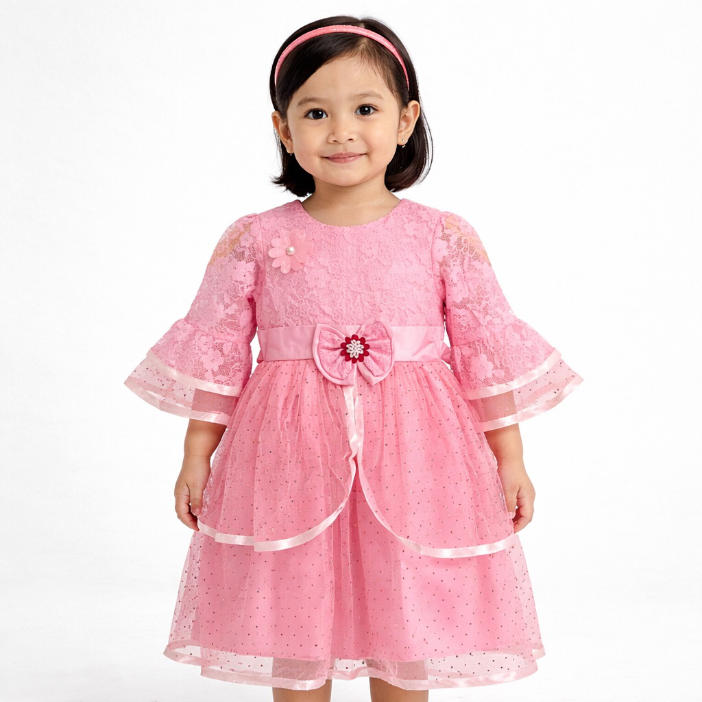 Dress Pesta Anak Perempuan Gaun Ulang Tahun Mewah Bahan Brukat Tile Tutu Model Princess Korea
