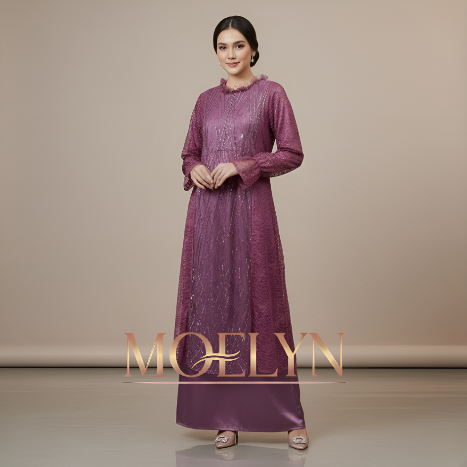 MOELYN - GAMIS LEBARAN Wanita ( ALLEA BURGUNDY ) Dress Mewah | Gaun Pesta Maxy Silk Brokat Payet Ele