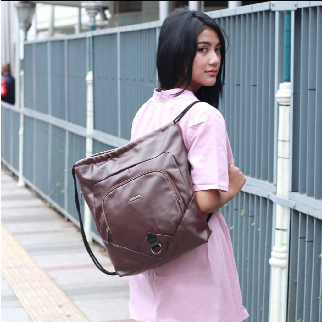 Tas Ransel Wanita Coklat Elegan | Backpack Wanita Kulit Sintetis | Tas Kerja & Kuliah Fashion