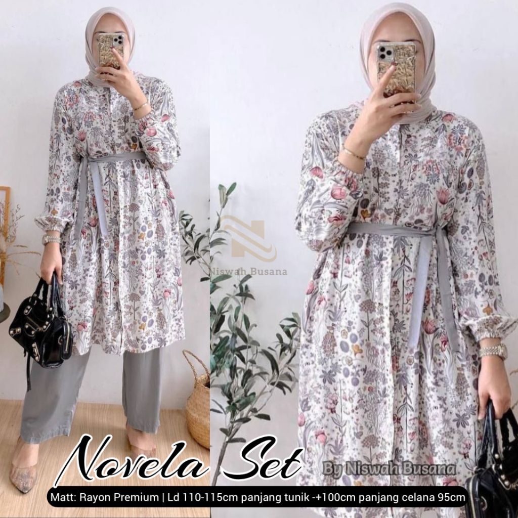NOVELA SET TUNIK Setelan Tunik Lengan Panjang Terbaru Wanita Kekinian Set Long Tunik Terbaru Rayon P
