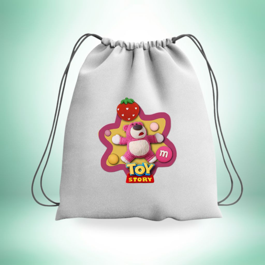 Tas Serut Tersuai Lotso Toys Story Bahan Kanvas Premium Full Printing Untuk Pria & Wanita