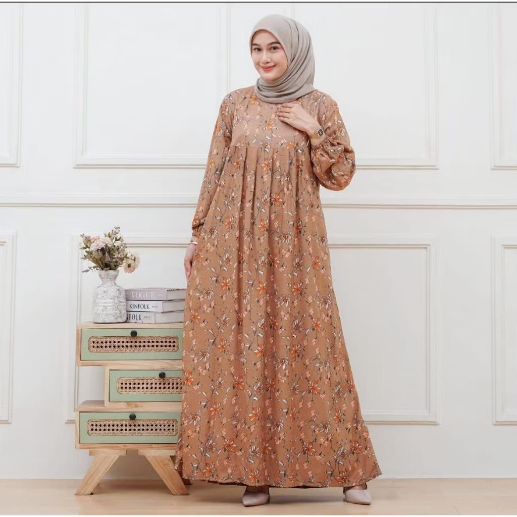 Terbaru.. Midi Dress Busui Motif Bunga LD 110cm PB 125cm Bahan Rayon Premium Terlaris Gaun Muslim Ke