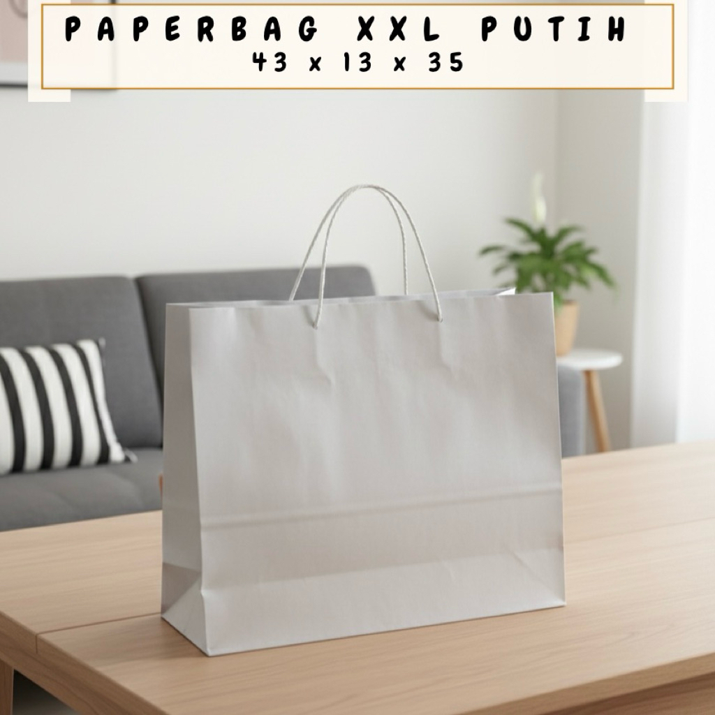 PAPERBAG POLOS PUTIH BESAR XXL UK 43X13X35 / TAS KERTAS POLOS BESAR / GOODIEBAG POLOS / TAS KERTAS P