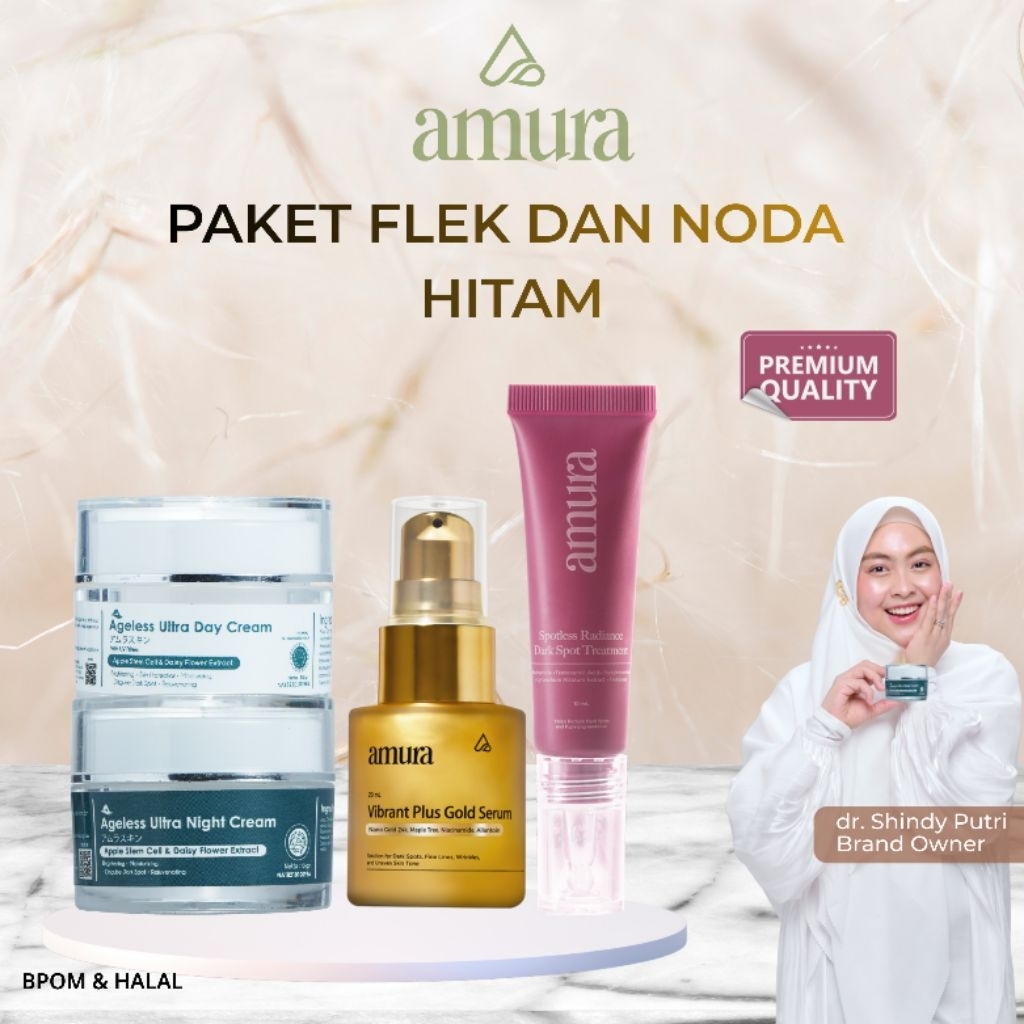 Amura Paket Flek dan Noda Hitam | Ultra Day / Night Cream, Gold Serum dan Dark Spot Treatment