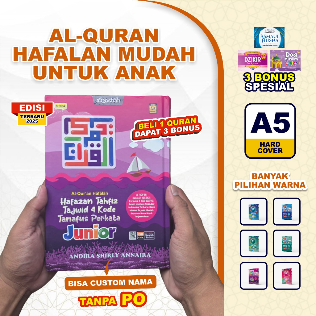 Alquran Hafazan Perkata Junior 8 Blok A5 Terjemah Perkata Tajwid Warna Free Custom Nama & 3 Buku Doa