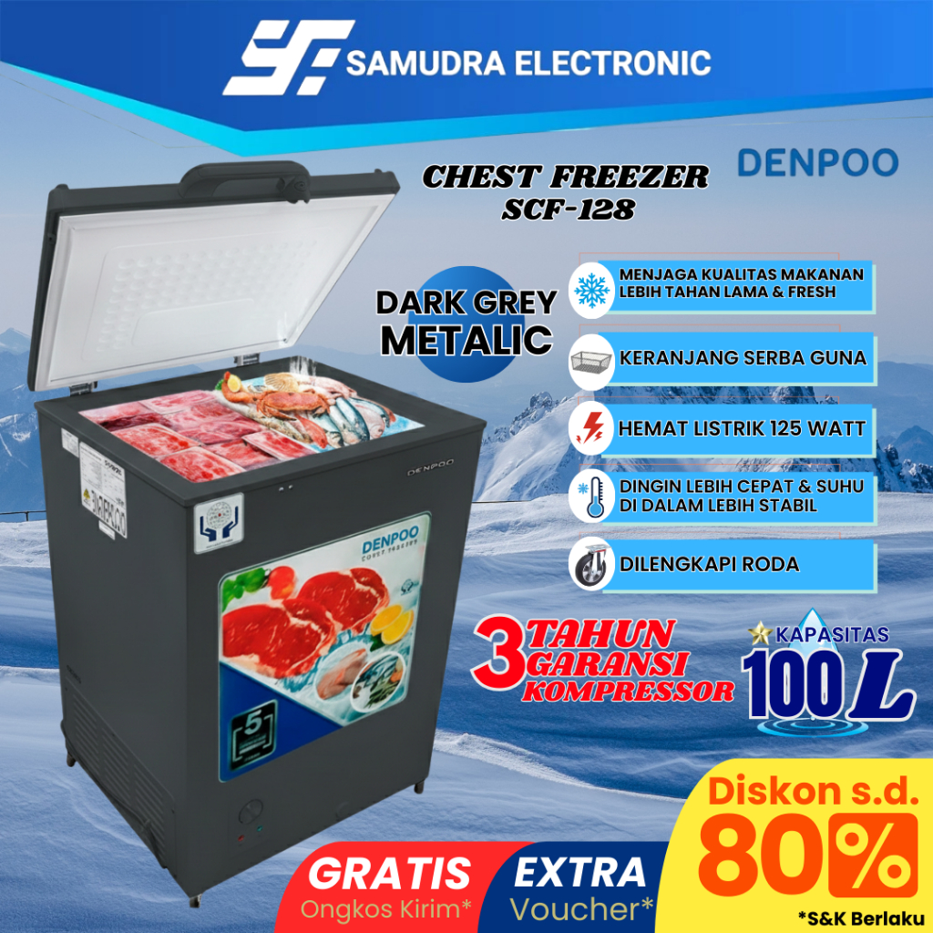 New Denpoo SCF 128 Abu Metalic - Freezer Box 100 Liter Chest Freezer