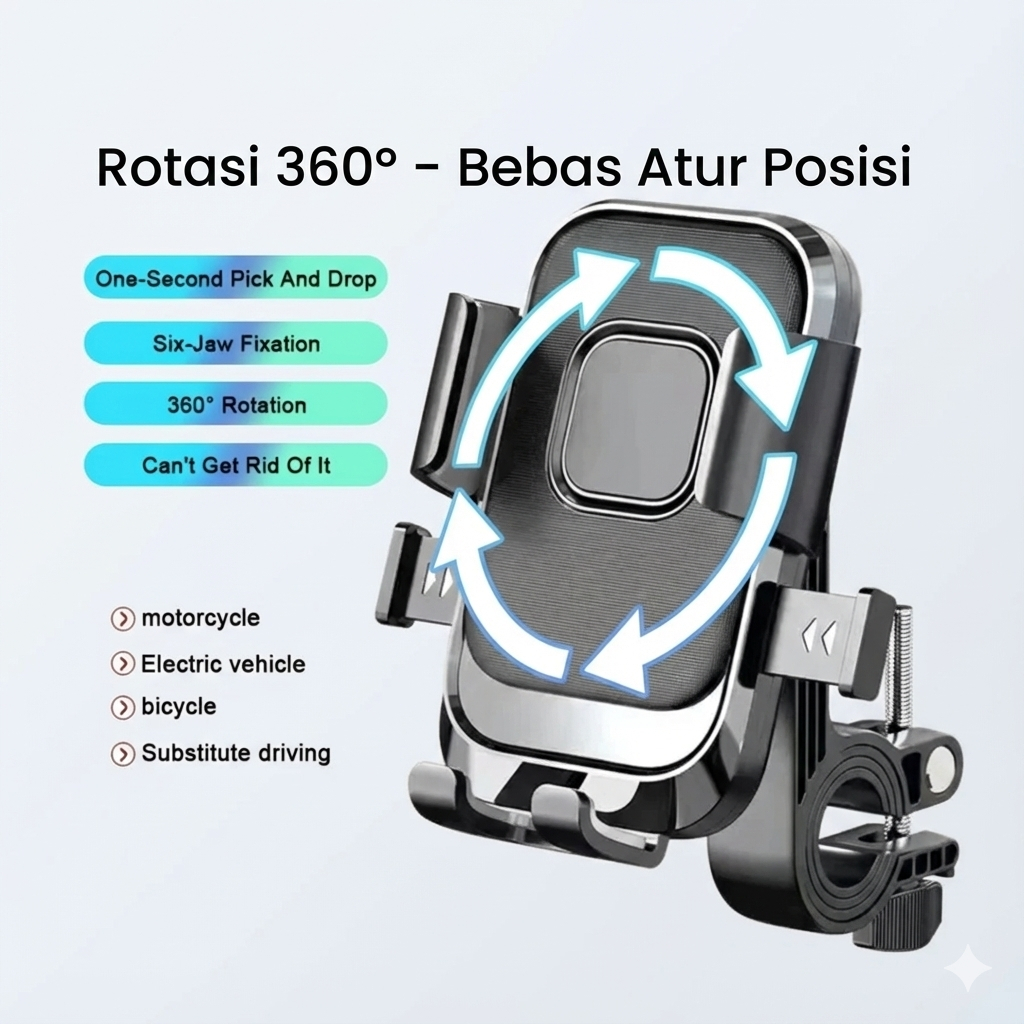 Holder HP Motor Besi Anti Getar Rotasi 360° Universal – Stabil & Kuat